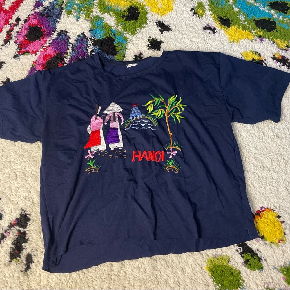 Vintage navy embroidered Hanoi graphic tee, slightly cropped